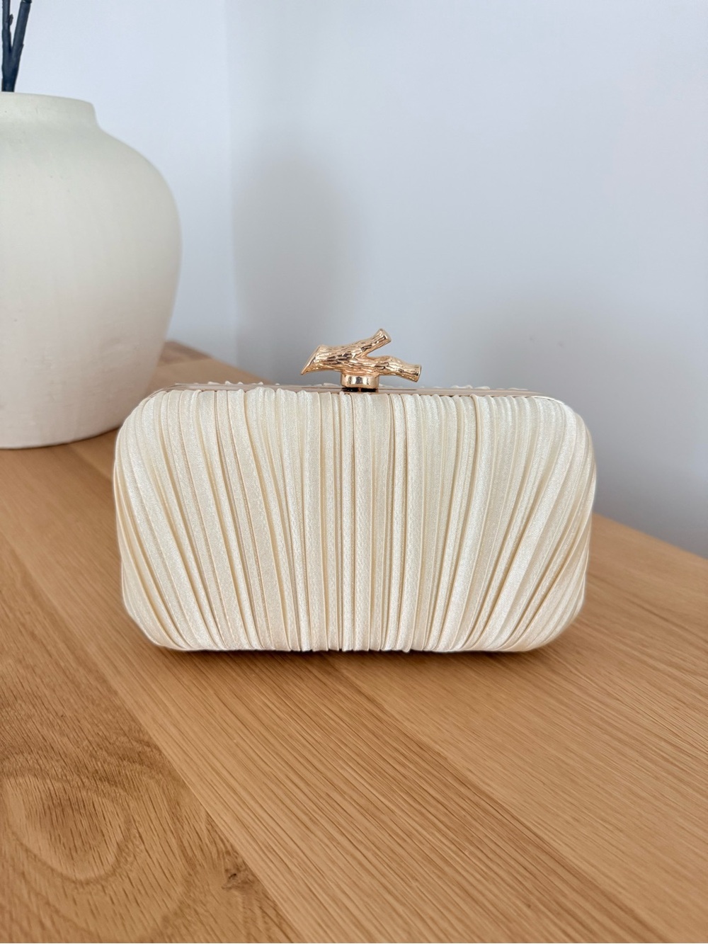 Elegant Cream Satin Pleated Clutch with Gold Accent New